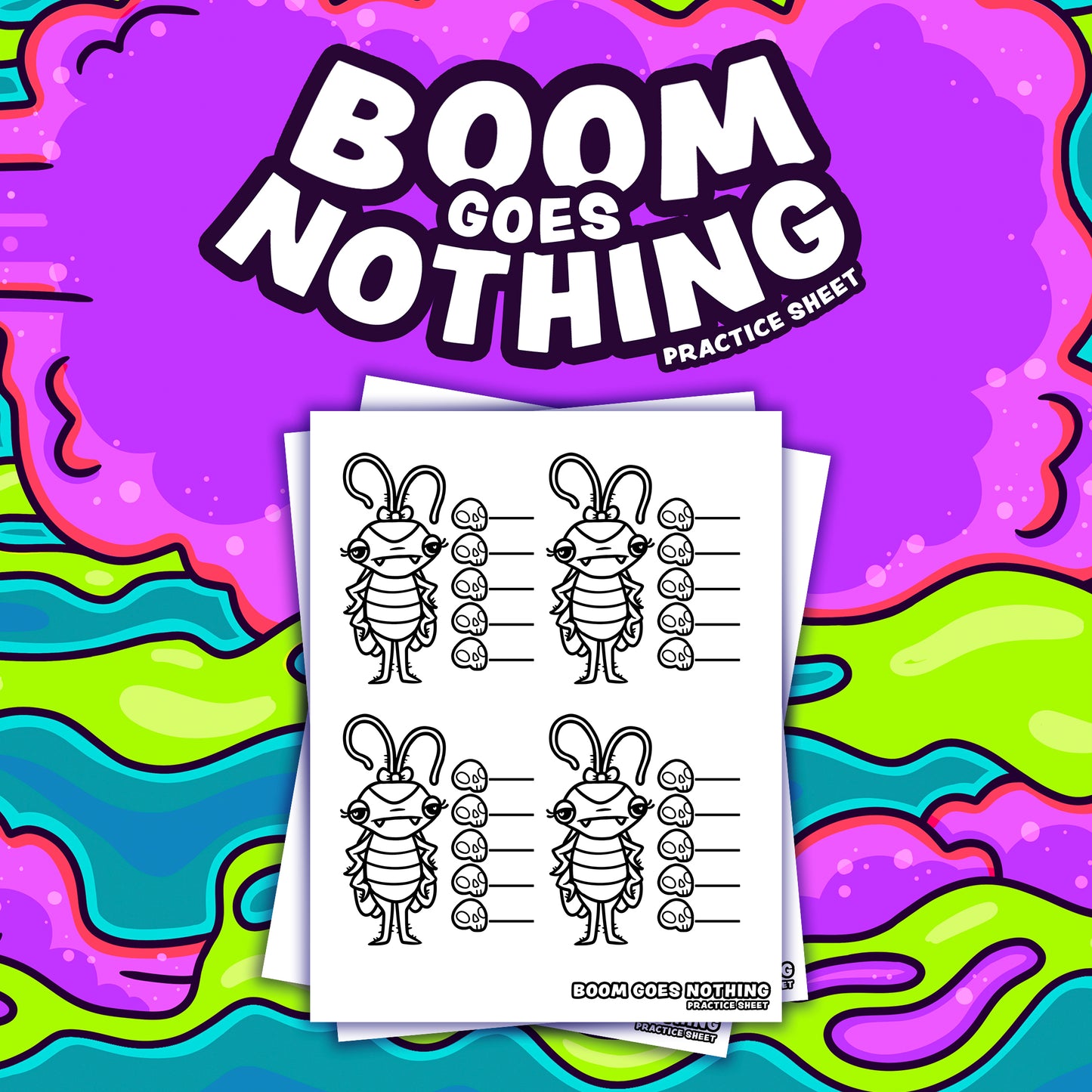 Practice sheet titled 'Boom Goes Nothing' with a colorful abstract background