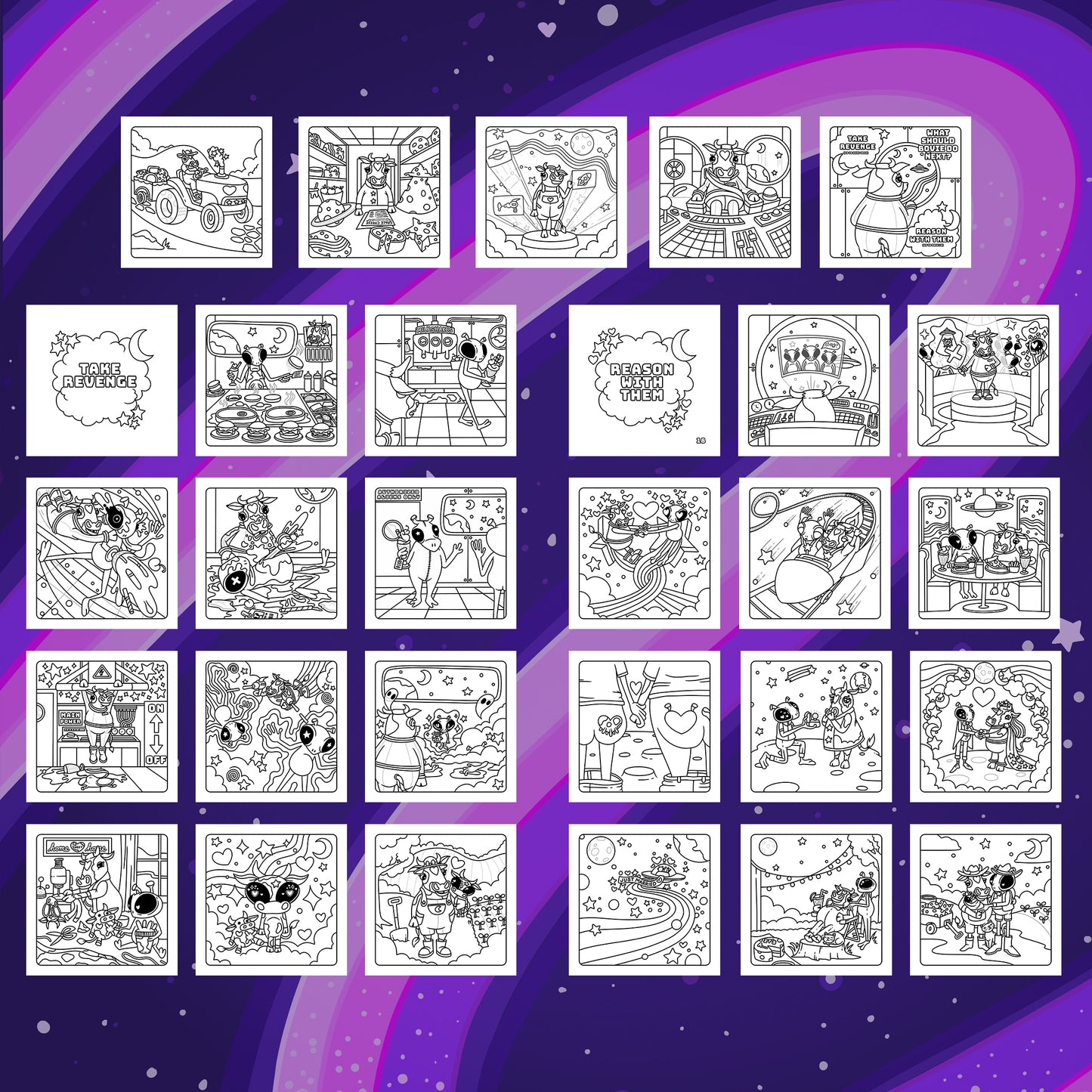 Grid of black and white illustrations on a purple gradient background