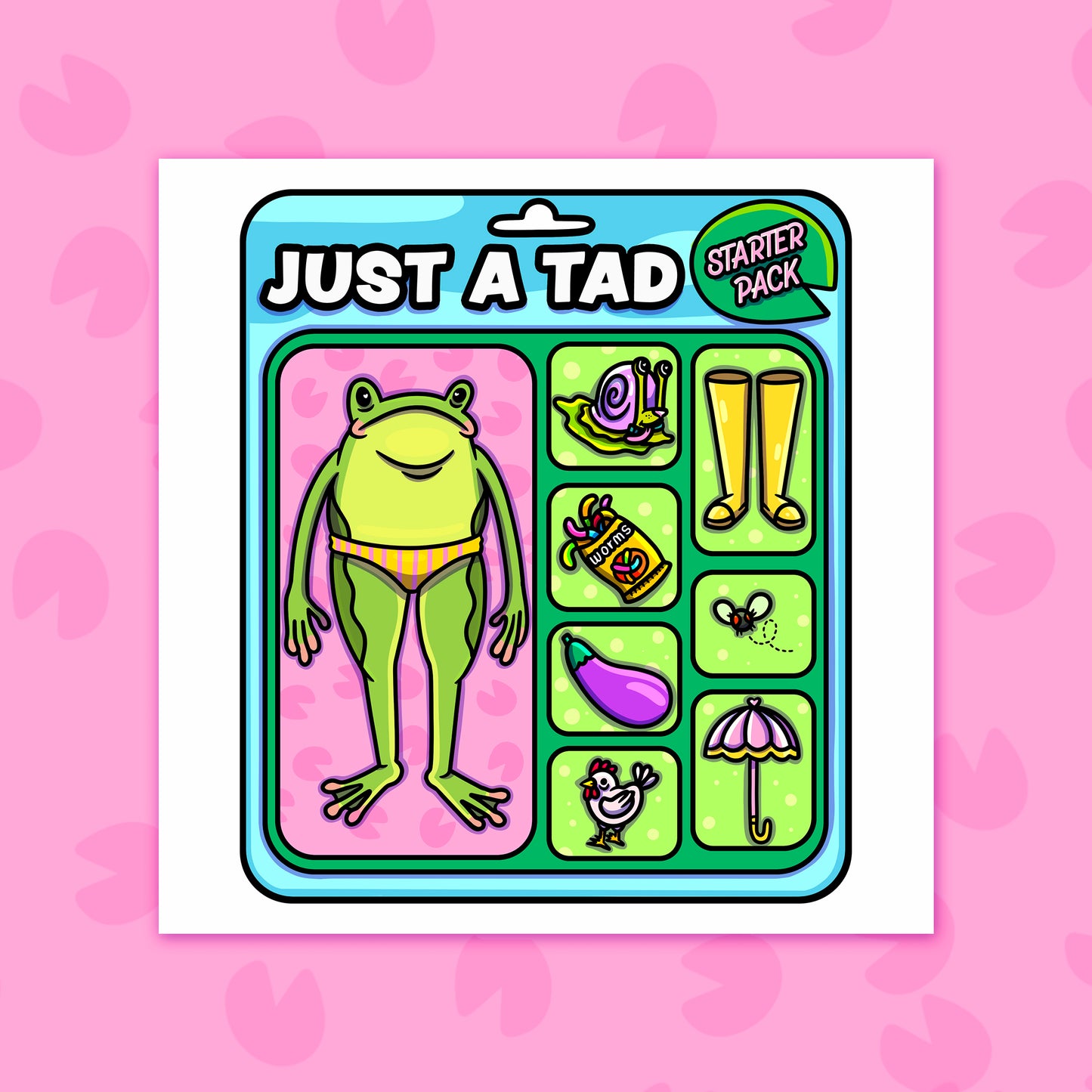 Packaged product with a frog character and various items on a pink background