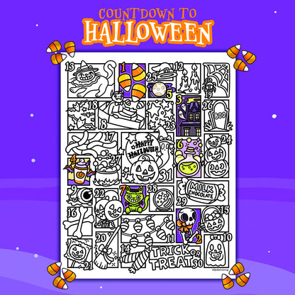 Halloween-themed countdown chart with black and white illustrations on a purple background
