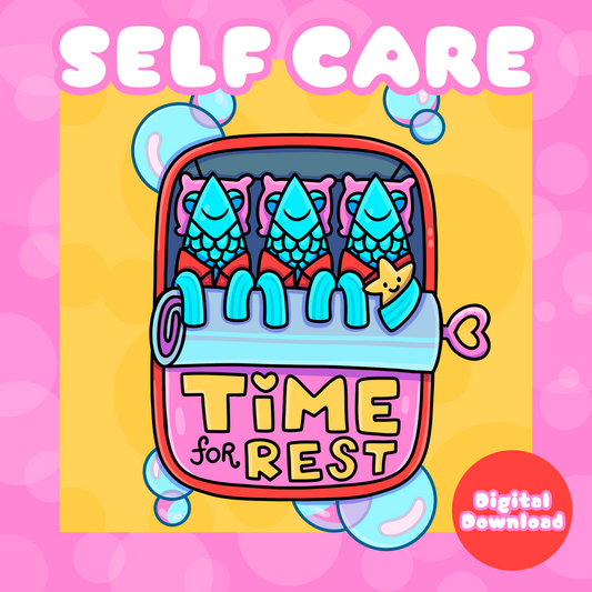 Self Care Coloring Book Cover, Digital Download, Pink Background, Tinned Fish in bed with text, Time for Rest
