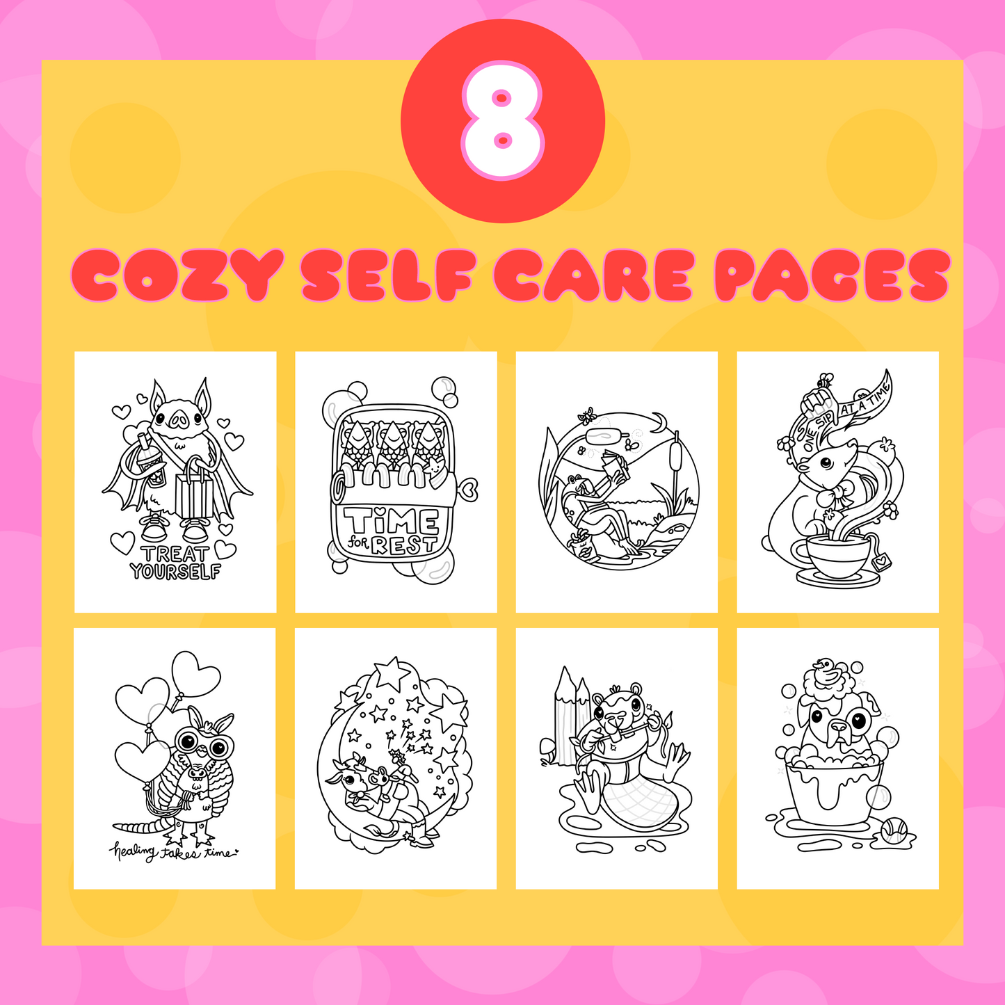 Cover of a coloring book with eight self-care-themed illustrations on a pink and yellow background.