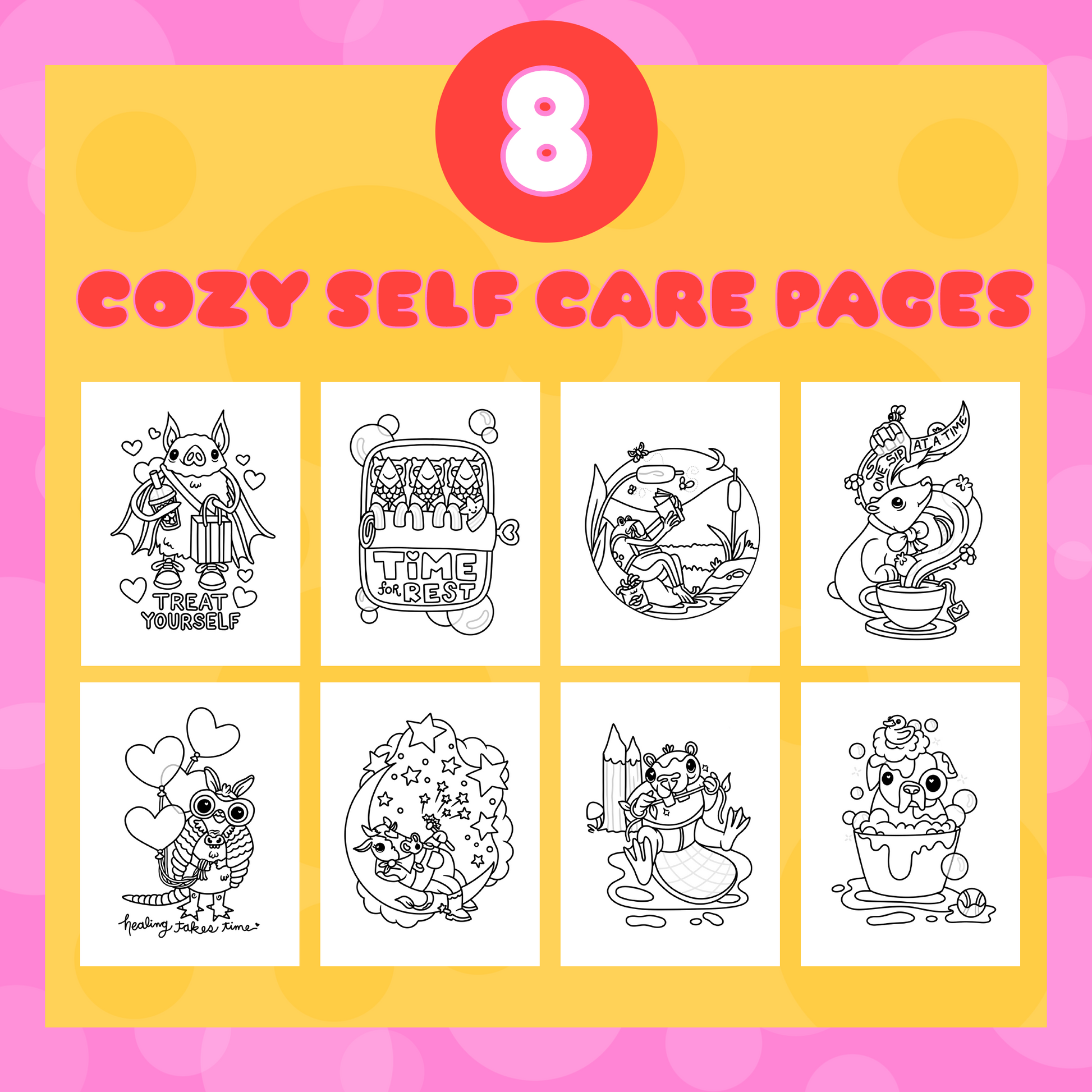 Cover of a coloring book with eight self-care-themed illustrations on a pink and yellow background.