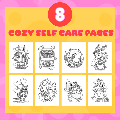 Cover of a coloring book with eight self-care-themed illustrations on a pink and yellow background.