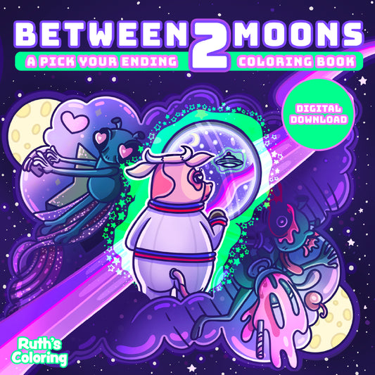 Cover of 'Between 2 Moons' coloring book with colorful characters and space-themed design.