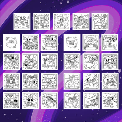 Grid of black and white illustrations on a purple gradient background