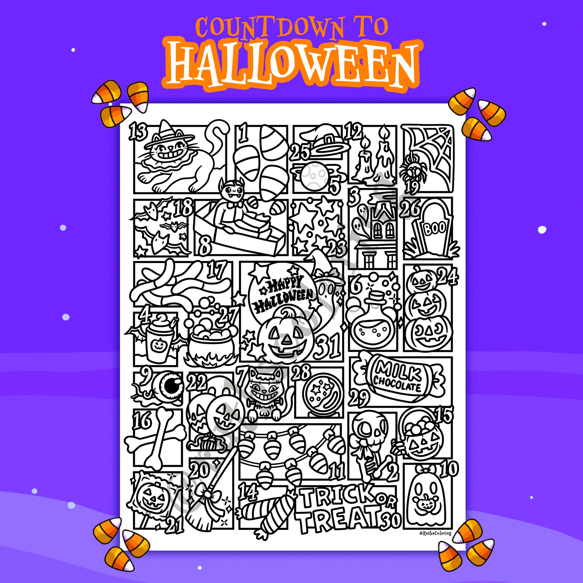 Halloween-themed countdown chart with black and white illustrations on a purple background
