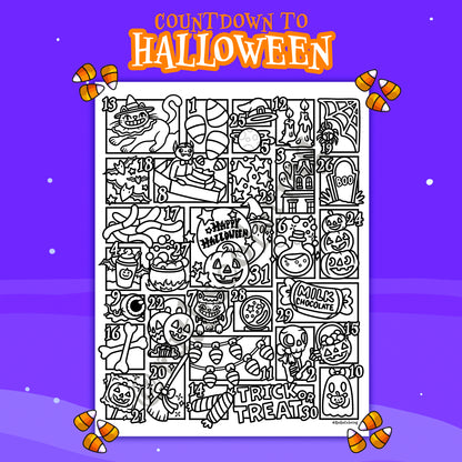 Halloween-themed countdown chart with black and white illustrations on a purple background