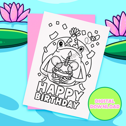 Black and white line work, A card with a frog in a party hat holding a fly cupcake with a pond background