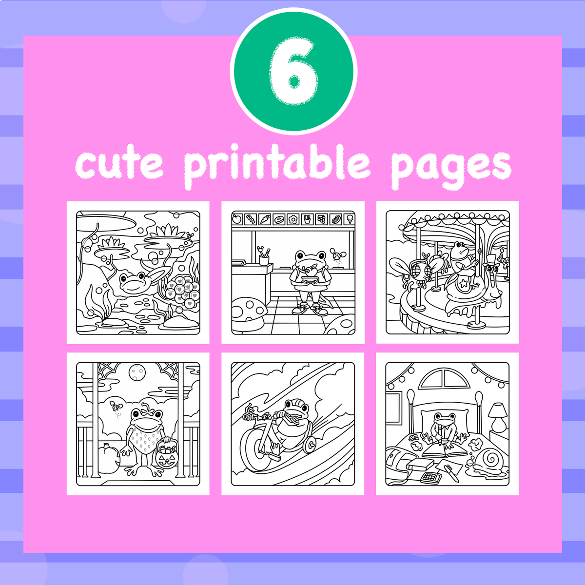 Promotional graphic for a printable activity set showing six black-and-white cartoon frog illustration pages on a pink background with a green circle containing the number 6 and the text 'cute printable pages'.
