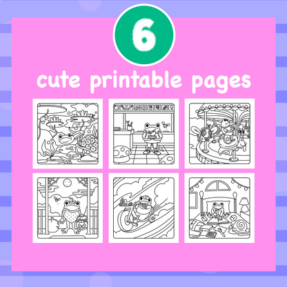 Promotional graphic for a printable activity set showing six black-and-white cartoon frog illustration pages on a pink background with a green circle containing the number 6 and the text 'cute printable pages'.