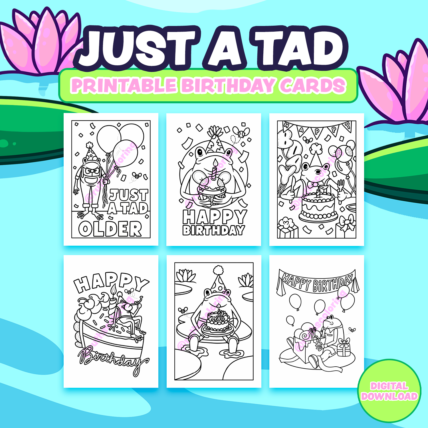 Just A tad printable birthday cards, 6 black and white colorable cards with birthday frogs on them with a pond background