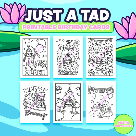Just A tad printable birthday cards, 6 black and white colorable cards with birthday frogs on them with a pond background