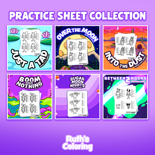 A promotional graphic for a 'Practice Sheet Collection' by Ruth's Coloring, showing six colorful book-cover-style sheets with moon-themed coloring pages and titles including 'Just a Tad', 'Over the Moon', 'Into the Dust', 'Boom or Nothing', 'Sugar Moon Nights', and 'Between 2 Moons'.