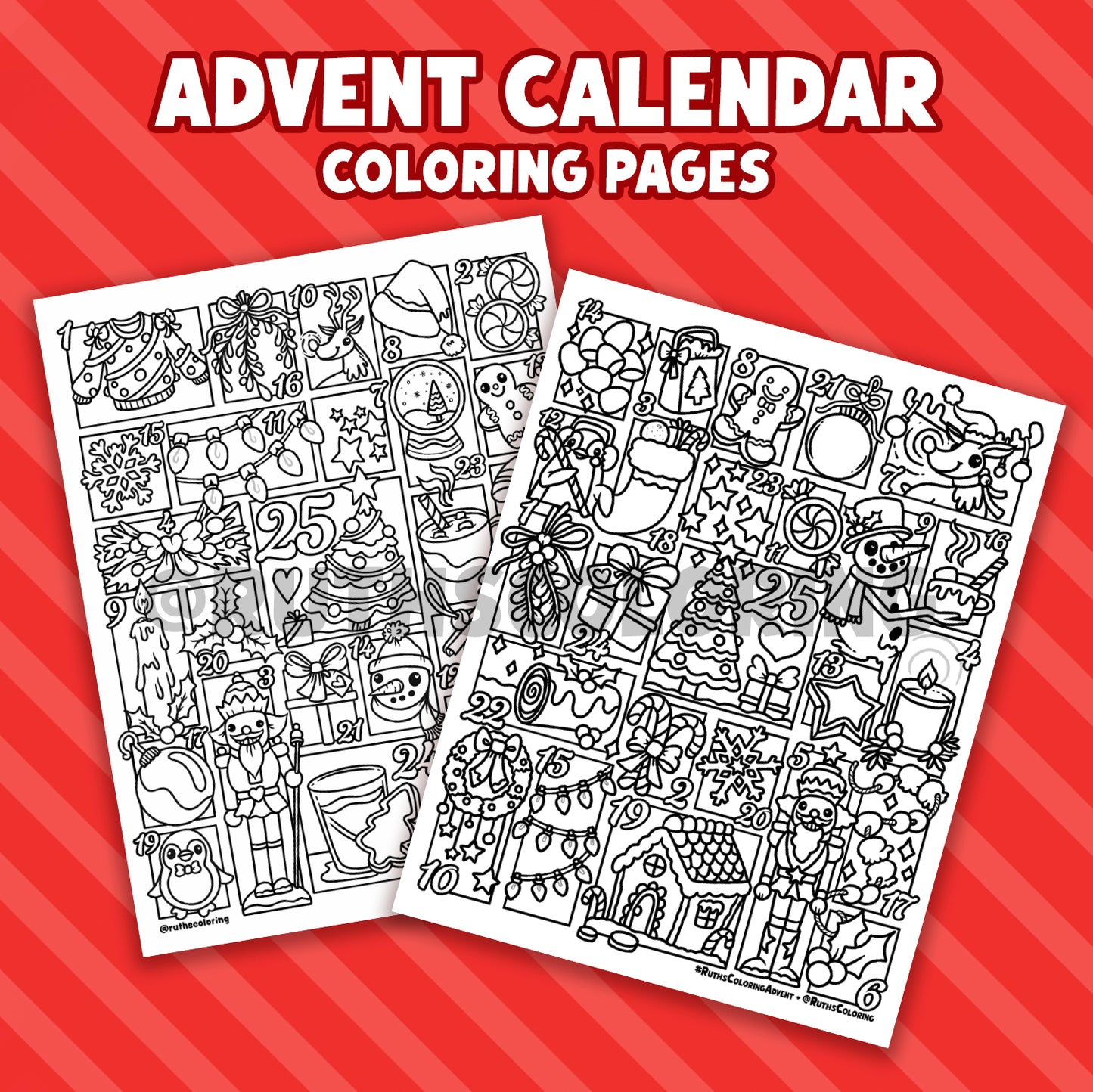 Two coloring pages with Christmas-themed illustrations on a red striped background, labeled 'Advent Calendar Coloring Pages'.
