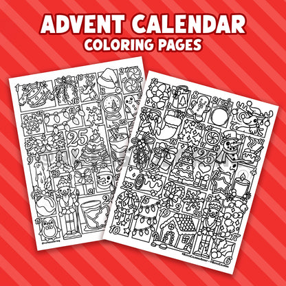 Two coloring pages with Christmas-themed illustrations on a red striped background, labeled 'Advent Calendar Coloring Pages'.