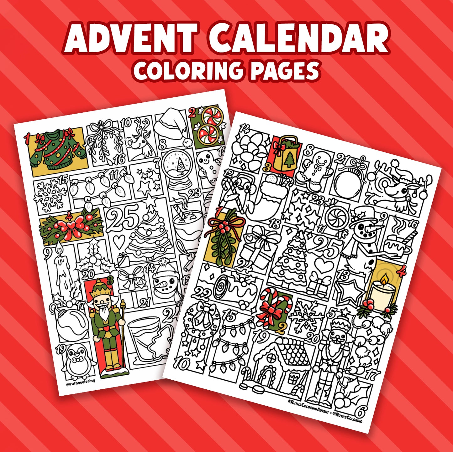 Two sheets of advent calendar coloring pages on a red striped background