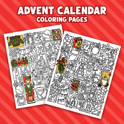 Two sheets of advent calendar coloring pages on a red striped background